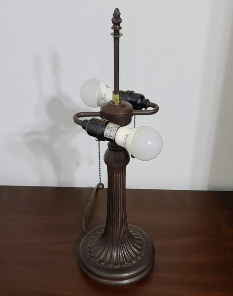 Base of Tiffany Style Table Lamp With Floral Banker Design, Stained Glass White And Gray, dual sockets, no shade, 23 Inches Tall