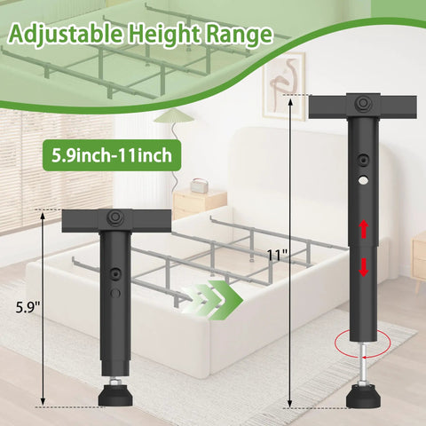 Adjustable height for Heavy Duty Bed Slats Center Support System featuring 5.9 to 11 inch leg extensions for bed stability.