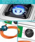 Close-up of 10000 BTU Propane Portable Stove For Outdoor Camping with stainless steel cooktop, burner, hose, and regulator.