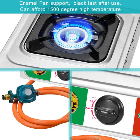 Close-up of 10000 BTU Propane Portable Stove For Outdoor Camping with stainless steel cooktop, burner, hose, and regulator.