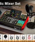 Podcast Setup Bundle With Microphone And Sound Card For PC And Mobile, Ideal For Streaming, Gaming, Singing And Podcasting, Includes 3.5mm Condenser Mic On Desk Stand, OTG Cable, Plug And Play G10 Soundboard With Noise Reduction And Voice Changer shown with components and features.