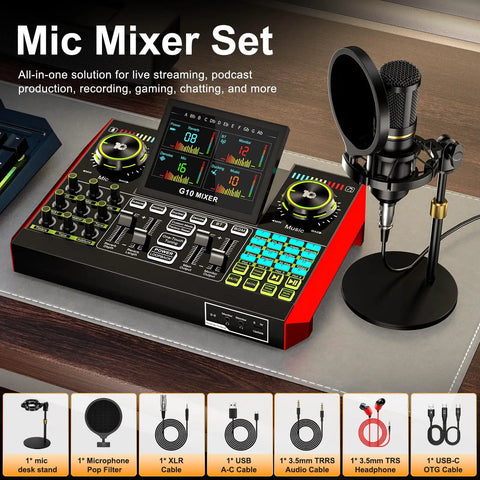 Podcast Setup Bundle With Microphone And Sound Card For PC And Mobile, Ideal For Streaming, Gaming, Singing And Podcasting, Includes 3.5mm Condenser Mic On Desk Stand, OTG Cable, Plug And Play G10 Soundboard With Noise Reduction And Voice Changer shown with components and features.