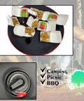 Top view of Two Tier Folding Camping Table With Carry Bag And Four Cup Holders, Lightweight Canvas Table with food containers on top.