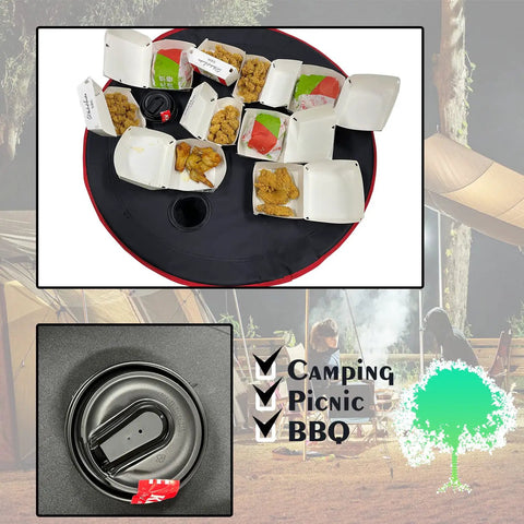 Top view of Two Tier Folding Camping Table With Carry Bag And Four Cup Holders, Lightweight Canvas Table with food containers on top.
