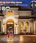 2 Pack Motion Sensor Outdoor Wall Lights illuminating house entrance at night with 220° detection angle and 40ft range