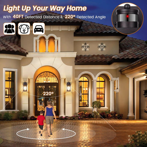 2 Pack Motion Sensor Outdoor Wall Lights illuminating house entrance at night with 220° detection angle and 40ft range