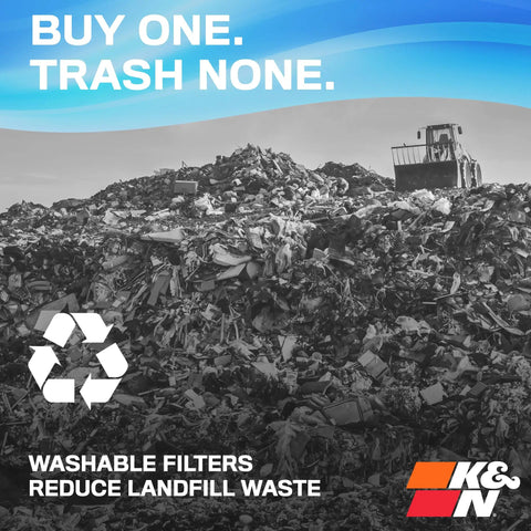 Pile of landfill waste with message "Buy One. Trash None." highlighting reusable HVAC filters reducing landfill impact.