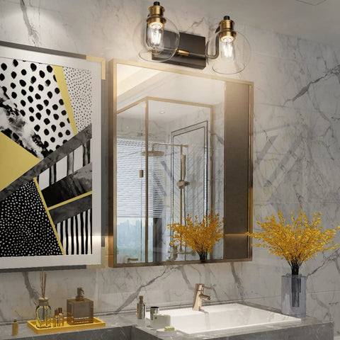 Two Light Vintage Bathroom Vanity Lighting Fixture Over Mirror Black And Gold Industrial Vanity Light With Globe Clear Glass