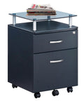 Heavy Duty Two Drawer Rolling File Cabinet With Secure Lock And Sleek Glass Top Fits Under Desk, Graphite Finish with Chrome Wheels.