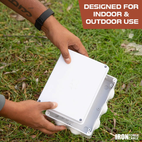 Outdoor Electrical Box Weatherproof White Junction Enclosure With Cover 16 By 14 By 4.8 Inches IP65 ABS Plastic shown in hand