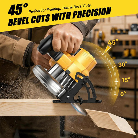 7 Inch Cordless Circular Saw Tool Only Compatible With 20V Batteries cutting wood at a 45-degree angle with precision.