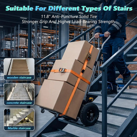 Heavy Duty Electric Stair Climbing Cart 1500W Motor With Anti-Slip Tires, Adjustable Speed powered hand truck carrying boxes down metal stairs.