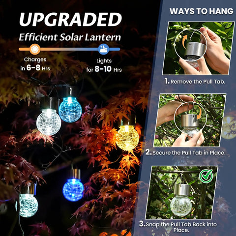 8 Pack Outdoor Solar Hanging Lights Waterproof Lanterns For Garden Decor Cold White Cracked Glass glowing in tree