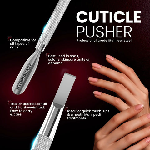 Cuticle Pusher Tool And Spoon Nail Cleaner Stainless Steel 5.5 Inch Manicure Pedicure Tool with dual-sided pusher and hand model