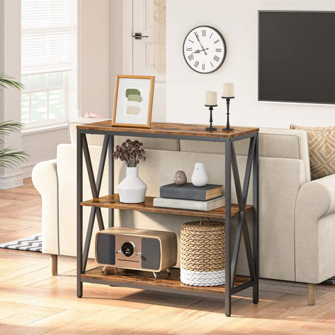Game Changer Three Tier Industrial Console Table With Real Deal Storage Shelves Narrow Sofa Table For Entryway Foyer Living Room Decor Built Tough Rustic Brown Wood And Black Metal Frame in living room setting.