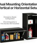 Heavy Duty Metal Wall Cabinet For Garage Storage, Lockable Steel Cabinet With Adjustable Shelves, Black Wall Mount Organizer shown vertically and horizontally, demonstrating dual mounting options.