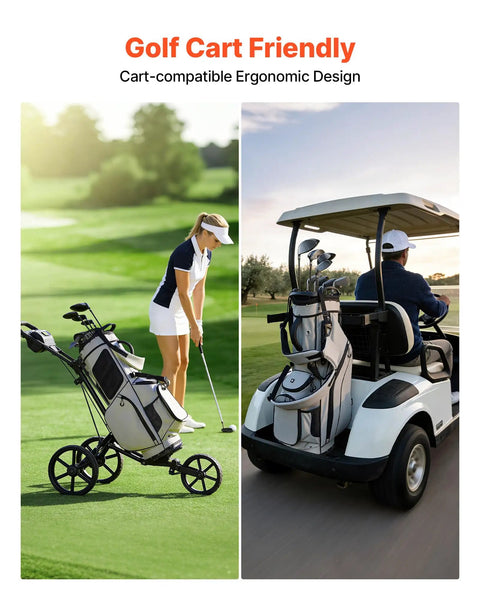 Golf Cart Bag With 14 Way Top Divider And Full Length Dividers 2 In 1 Design on golf cart and being pushed on course