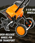 Electric Tiller And Cultivator With 14 Inch Till Width And Powerful 10 Amp Motor, showing quick-release wheel pin and 5-5/8-inch wheels.