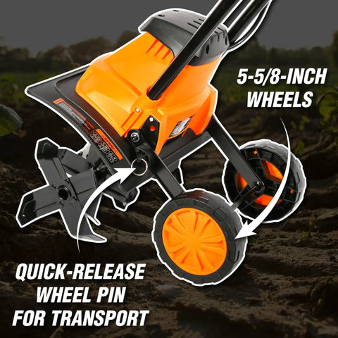 Electric Tiller And Cultivator With 14 Inch Till Width And Powerful 10 Amp Motor, showing quick-release wheel pin and 5-5/8-inch wheels.