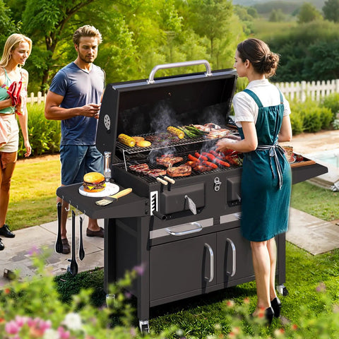 Two Independent Charcoal Grillin Zones With An Oversized 620 Square Inch Cooking Area Storage Cabinet Individual Lifting Charcoal Trays Foldable Side Tables And Built In Thermometer For Outdoor Patio Balcony in use at outdoor gathering