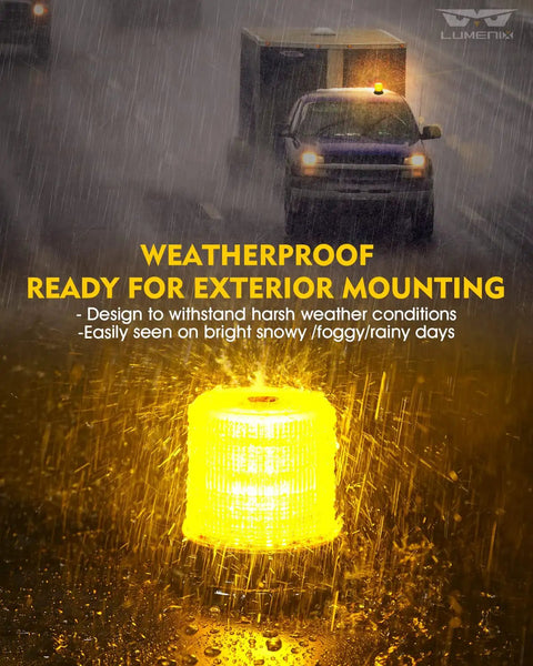 Premium 60 Led Amber Beacon Mini Strobe Light For Forklifts And Pickup Trucks Boasting Straight Up Three Sixty Degree Glow in rain.