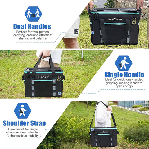 Hard Shell Hybrid Soft Cooler Bag With Two Cup Holders Portable 40L Insulated Collapsible Cooler shown with dual handles, single handle, and shoulder strap
