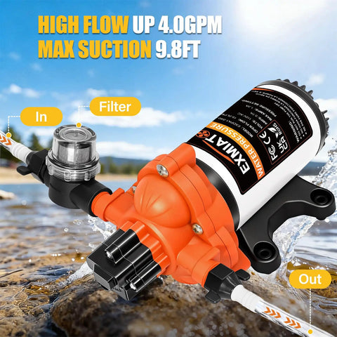 Heavy Kickin Up Flow 33 Series 110V AC Water Pressure Pump 4.0 GPM 50 PSI Self Priming Diaphragm Pump with Filter and Hose.