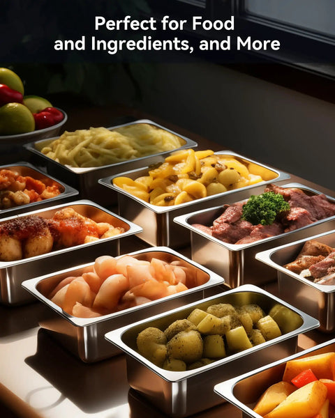 8 Pack Hotel Pans With Lids, One Third Size 6 Inch Deep Stainless Steel Steam Table Pans with food display, used for catering
