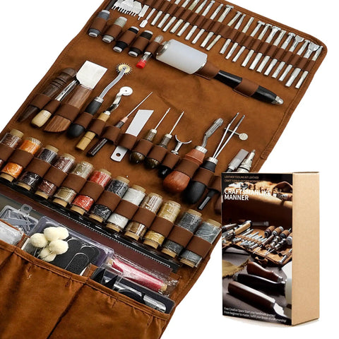 Leather Tooling Kit For Leather Craft Enthusiasts 588Pcs DIY Set displayed with tools and handbag case