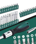 238-Piece Tool Set With Socket Wrench And Auto Repair Tools in green plastic toolbox case, chrome vanadium steel bits close-up.