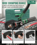 Ultimate Heavy-Duty Hydraulic Cable Crimping Tool for Battery Terminals with Dies, shown handling copper lug on cable.