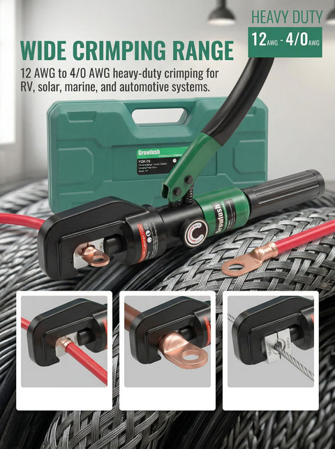 Ultimate Heavy-Duty Hydraulic Cable Crimping Tool for Battery Terminals with Dies, shown handling copper lug on cable.