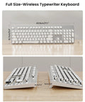 Full Size Wireless Typewriter Style Mechanical Keyboard with Clicky Blue Switches and Crisp White Backlighting.