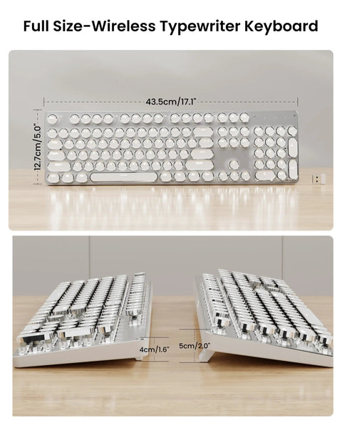 Full Size Wireless Typewriter Style Mechanical Keyboard with Clicky Blue Switches and Crisp White Backlighting.