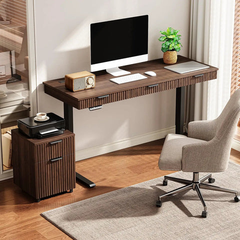 Killer 55 Inch Electric Standing Desk With Smooth Walnut Top And Ultra Silent Motor features ergonomic design alongside a sleek monitor and chair.