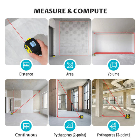Go To Pro Grade Dual Mode Laser Tape Measure And Distance Meter With 164 Ft Laser Range And 16 Ft Manual Tape Red in distance, area, volume modes