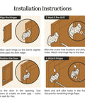 Installation guide for Oil Rubbed Bronze Butterfly Cabinet Hinges 2 In By 1-7/16 In Surface Mount Pack Of 4 with steps depicted.