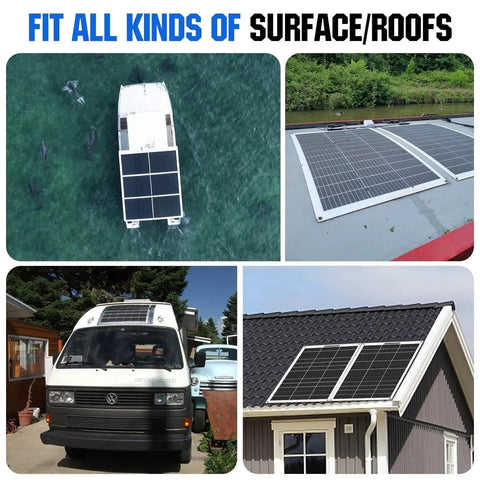 130W Monocrystalline Flexible Solar Panel Kit With 30A 12V Charge Controller on RV, boat, rooftop, and cabin installations.