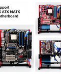 Open Air Aluminum PC Frame Test Bench For ITX ATX MATX Builds shown in front and side view with installed components