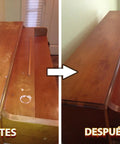 Before and after images of furniture restored with Straight Up The Ultimate Wood Finish Restorer, No Sweat Furniture Polish That Knocks Out Scratches Like A Champ, Top Shelf Hardwood Care In Golden Oak, 8 Oz Bottle.