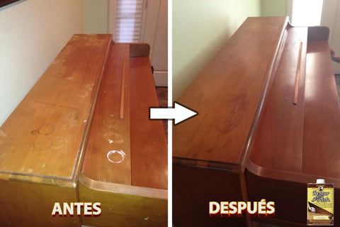 Before and after images of furniture restored with Straight Up The Ultimate Wood Finish Restorer, No Sweat Furniture Polish That Knocks Out Scratches Like A Champ, Top Shelf Hardwood Care In Golden Oak, 8 Oz Bottle.