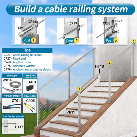 Slope Cable Railing Post 36 Inch For 25 To 40 Degree Slopes Brushed T304 Stainless Steel Cable Railing System Kit For Indoor Outdoor Use With User Guide And 5 Degree Spacer PR11 LA4S displayed in a stair installation diagram with components labeled.
