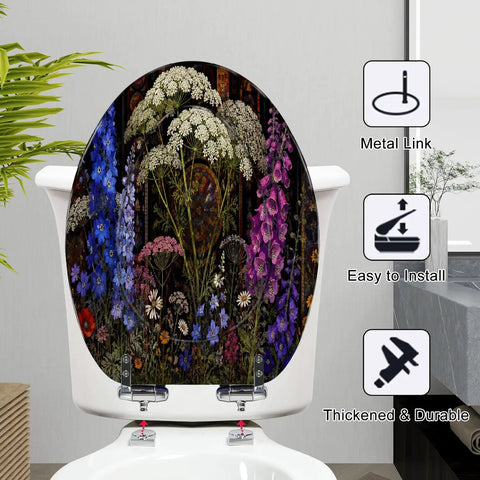 Elongated Botanical Stained Glass Garden Wildflowers Ornate Toilet Seat, featuring vibrant flowers with sturdy resin construction.