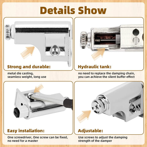 Soft Close Cabinet Dampers Set Of 10 For Cabinets Wardrobes Kitchen And Bookcases With Hydraulic Buffer And Self Closing Mechanism, shown in detail views of components and functions, including durability, hydraulic tank, easy installation, and adjustability.