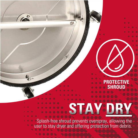 Close-up of Universal 16.5 Inch Pressure Washer Surface Cleaner Stainless Steel with protective shroud for driveways and patios.