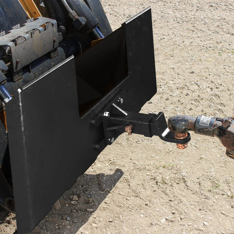 Beefed Up Heavy Duty Skid Steer Attachment Plate With Two Inch Receiver 3000 Lbs Capacity, attached to skid steer, in use.