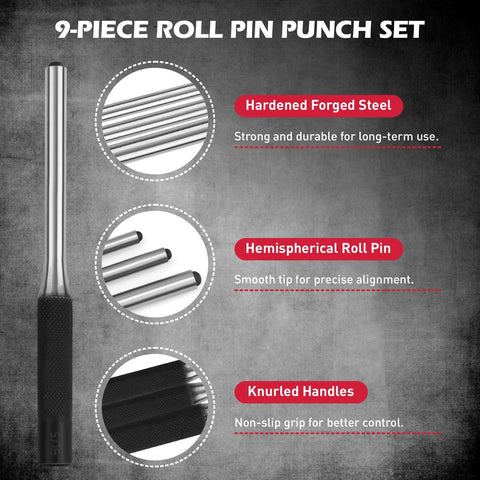 9-piece roll pin punch set features from the 25 Piece Punch And Chisel Set With Roll Pin Punches Including Taper Punches Pin Punches Center Punches And Cold Chisels For Metalworking Automotive Woodworking And DIY Projects Built From Heat Treated Chrome Vanadium For Lasting Sharpness And Durability.