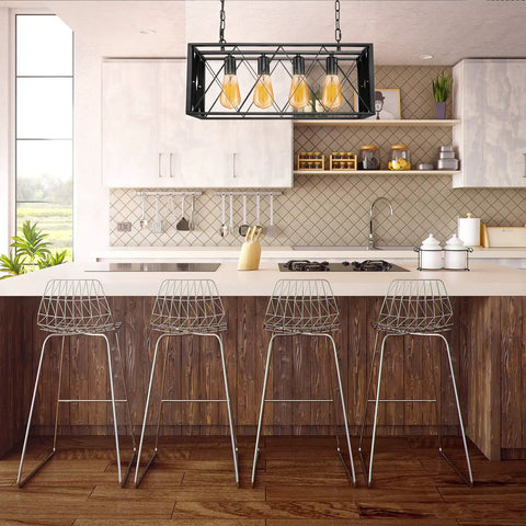 Dope Industrial Kitchen Island Pendant Light Fixture With E26 Base 4 Light Black Metal Pendant hanging above kitchen island.