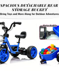 Electric Kid Ride On Trike For Toddlers Ages 2 To 5 With 3 Wheel Design 12V Battery And Dual 35W Motors Safe Durable Power For Stable Smooth Rides Kid Friendly Twist Grip Throttle Non Slip Pedals Easy Start Blue, rear storage bucket