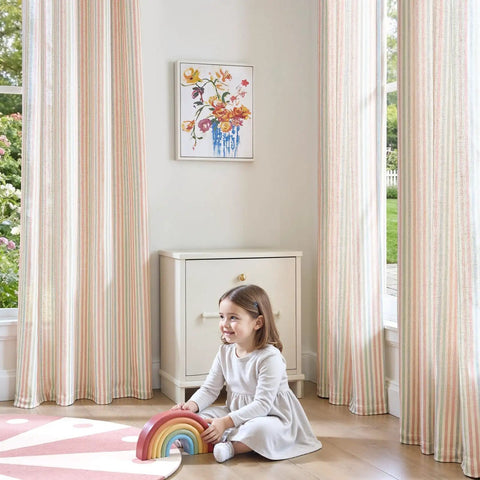 Candy Stripe Linen Curtains For Kids Room Two Panels 96 Inch Length Kid Friendly Grommet Window Treatments Light Filtering Nursery Drapes